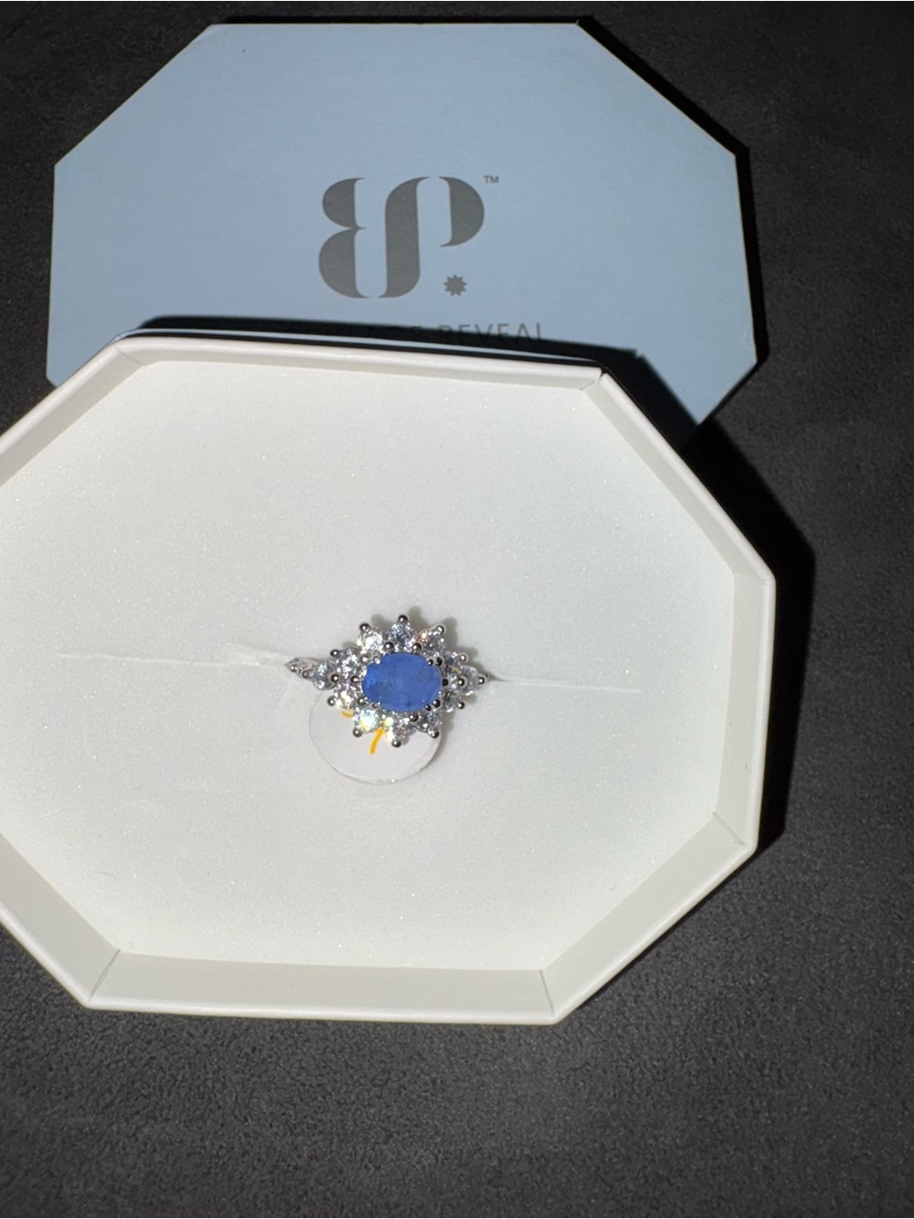 Silver-Tone Ring with Blue Oval Center and Sparkling Halo Size 7 OG